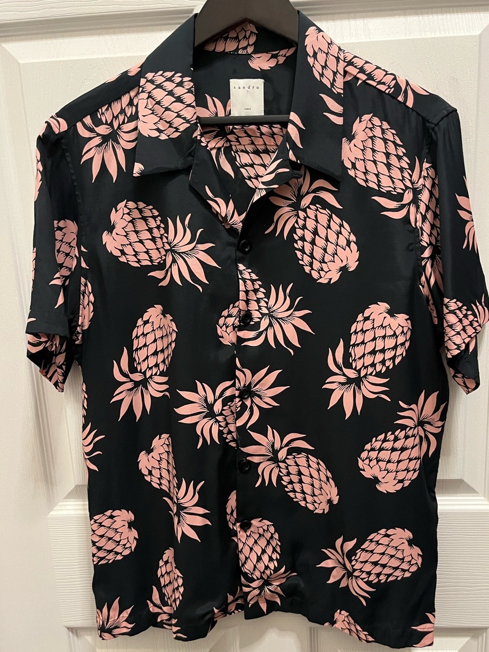 Sandro Black Short-Sleeve Button-Down Shirt with Pink Pineapple Print